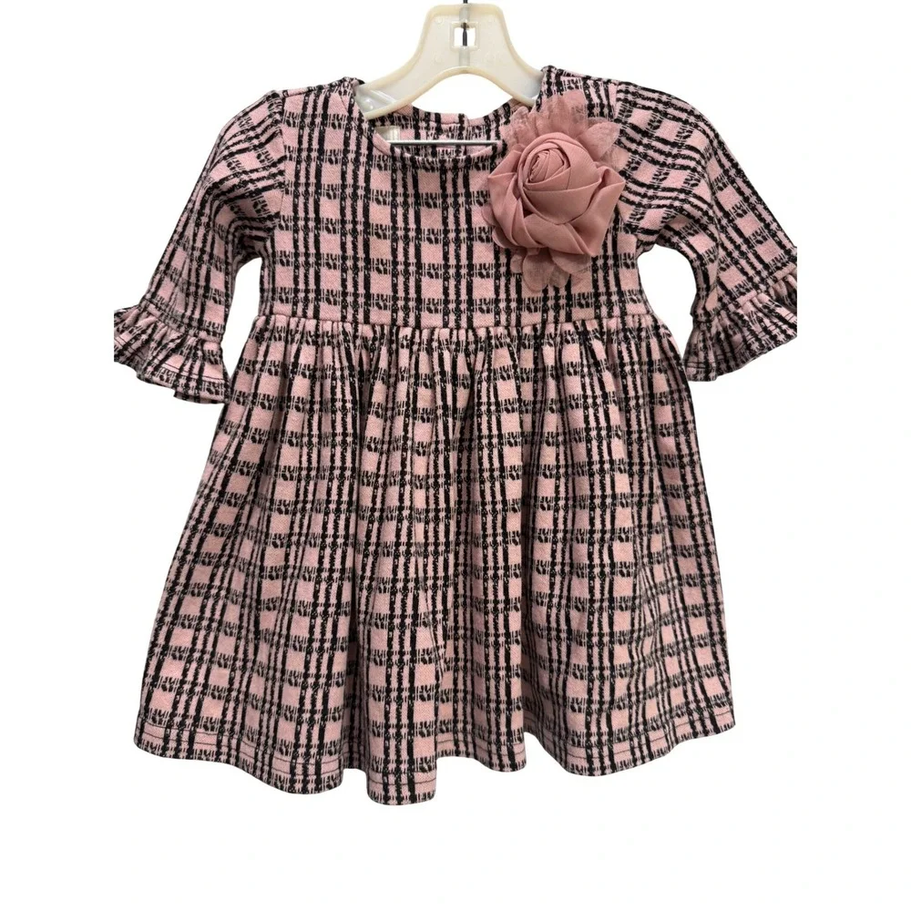 Laura Ashley Plaid Dress Baby Girl 12M Pink EUC 3D Rose Ruffle Sleeve Church Pic